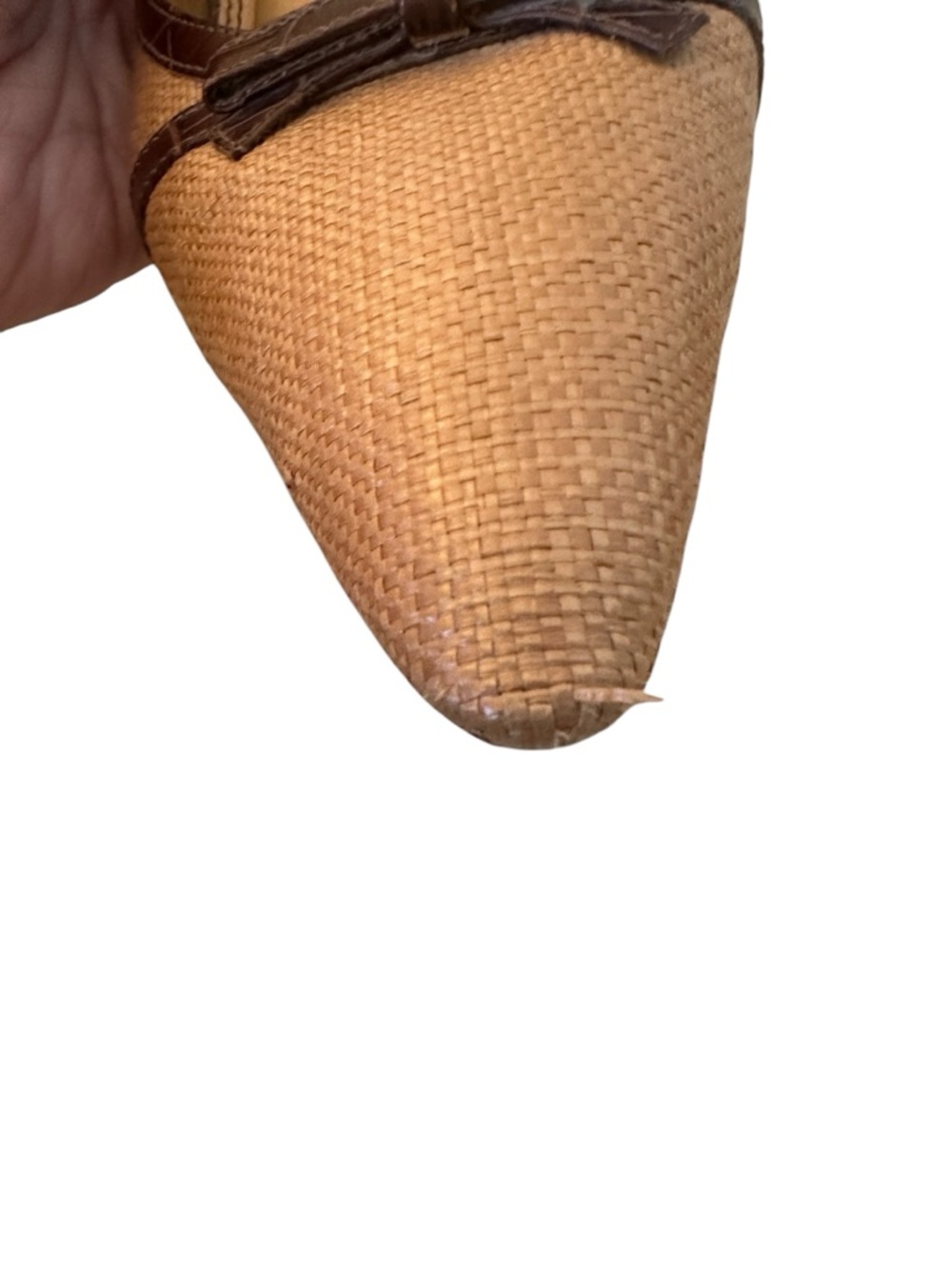 Unisa Tan Raffia and Brown Leather Croc-like Pointed Slingback Heels Size 9 1/2 - Picture 6 of 7